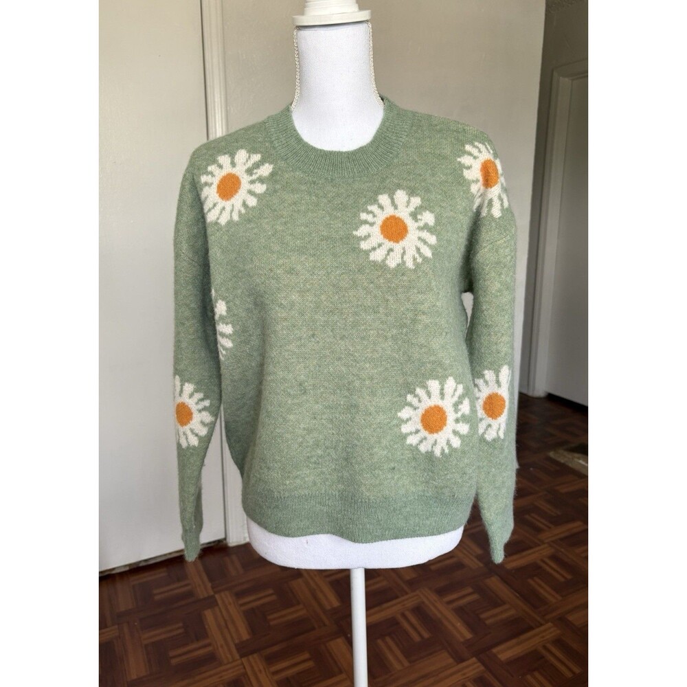 Shein Women's Green & White Floral Print Knit Sweater Size Medium